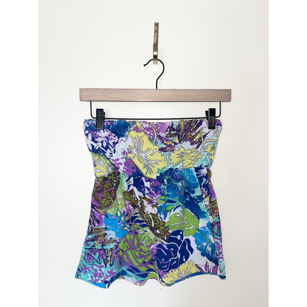 Self Esteem Vintage Y2K Tropical Floral Strapless Tube Top Blue Purple Hibiscus